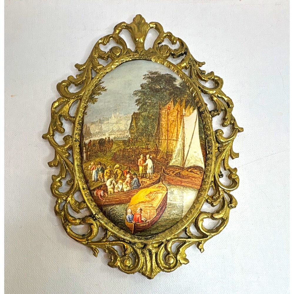 Vintage Italian Ornate Brass Filigree Oval Frame silk fabric print art
